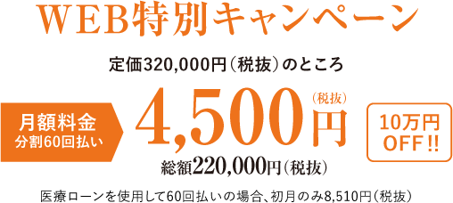Web特別価格220,000円（税抜）　※月々4,500円（税抜）/分割60回払いの場合